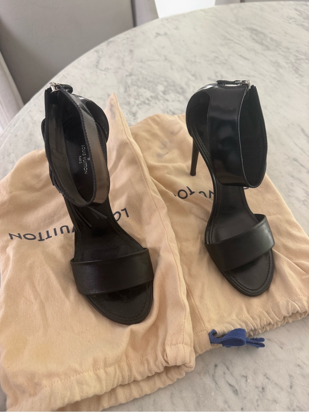 Louis Vuitton Black Leather Tassel Padlock Ankle-Strap Heels - Picture 2 of 9